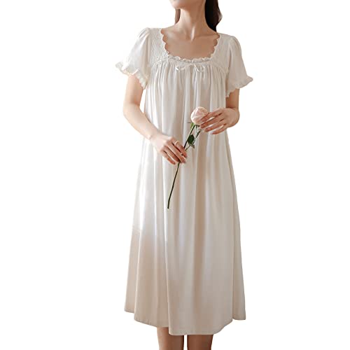 Women's Cotton Victorian Nightgown Soft Long Sleep Dress Short Sleeve Princess Pajama Shirt Sleepwear