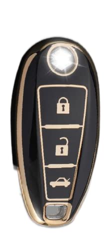 Image of TPU Car Key Cover Black & Golden Compatible for Suzuki Baleno, Vitara Brezza, Ignish, Ciaz,S-Cross, Swift (Suzuki, 3 Button Push Start Key)