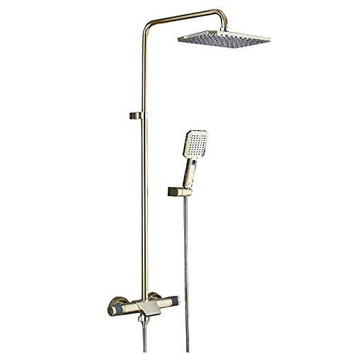 シャワーセット レインシャワー 真鍮シャワー蛇口セット デュアルハンドルシャワーコンボセット 壁掛けレインミキサーシャワー 滝浴槽スパウト付き 2モードハンドヘルドシャワー 長方形,Zirconium Gold