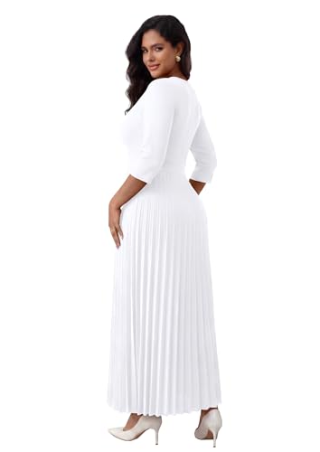 Image of FANDEE Women's V-Neck Pleated Maxi Dress A-Line 3 /4 Sleeve with Pockets