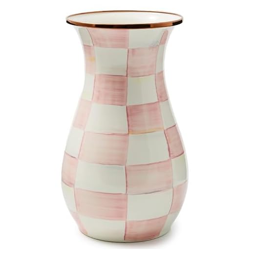 MACKENZIE-CHILDS Tall Enamel Vase, Unique Flower Vase, Bouquet Vase Decor for Living Room, Pink-and-White Rosy Check