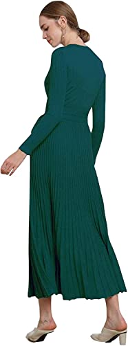 Image of Women's Long Sleeve Sweater Dress Ankle Length Fall Dress Vneck Knit Winter Dress
