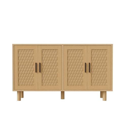 HYNHXBP Aparador de 140 x 40 x 80 cm, color madera natural con puertas efecto cannage, mueble de almacenamiento de 4 puertas con estantes ajustables, bahut moderno para sala de estar comedor entrada