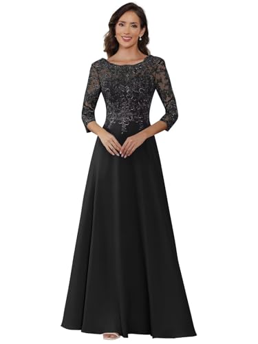 Mother of The Bride Dresses -Long Chiffon Lace Appliques Whith 3/4 Sleeve Scoop Neck Foraml Evening Gown