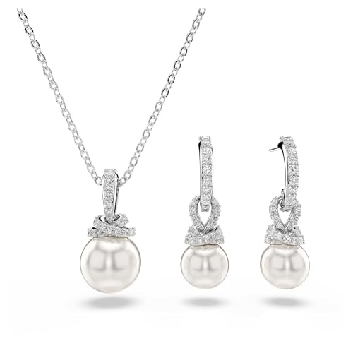 Swarovski Originally Set, Weißes und Rhodiniertes Set aus Halskette und Ohrringen mit Strahlenden Kristallperlen und Zirkonia in Pavé, Länge Kette: 38-43 cm, Größe Ohrringe: 2.5 x...