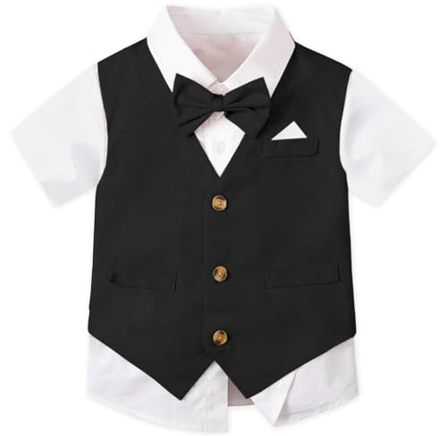 Image of SANGTREE Baby Boy Suit Wedding Ring Bearer Outfits Vest Short Sleeve Bowtie Shirt Suspender Summer Gentleman Shorts Sets