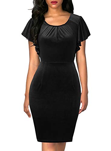Drimmaks Bodycon Fitted Ruffle Sleeve Dress Velvet Pleated Scoop Neck Stretchy Cocktail Dress (041-Black, XL)