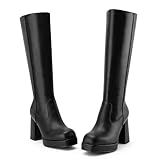 Oh Mispares Women's Knee High Gogo Boots Platform Block Chunky High Heel Square Toe Go Go Boots Zipper Leather Dress Fall Long Tall Boots(Black,9)