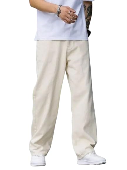 Image of Comfits Loose Fit Denim Baggy Jeans, Plain Beige, Relaxed Style