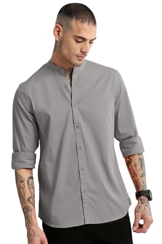 Image of SHOWOFFFF Men Solid Casual Shirt | Mandarin Collar Full Sleeves Cotton Shirt for Mens | Slim Fit Regular Length Shirt for Men's