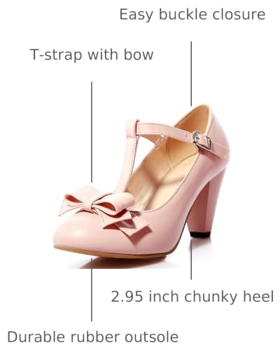 Image of Elbslutt Women's Cute Retro Rockabilly Shoes T Strap Mary Janes Heels Chunky Cosplay Shoes Sweet Block Heeled Bow Pumps
