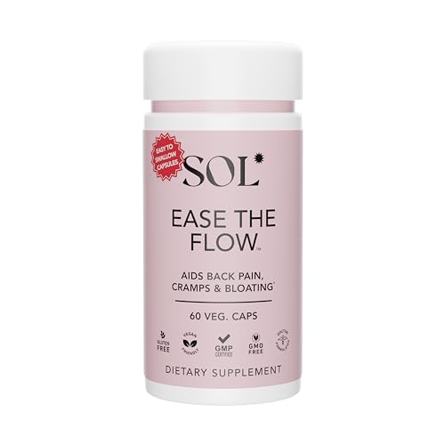Sol Nutrition Ease The Flow - PMS Support, Menstrual Pain & Cramps Relief, PMDD Supplements, Period Relief Products, Eases Bloating & Mood Swings, Vitamins B6 & B8, 60 Easy-to-Swallow Capsules
