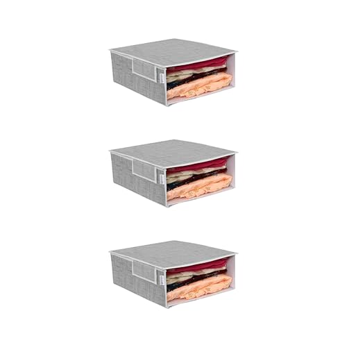 Image of PRETTY KRAFTS Stackable Fabric Saree Storage Organizer for wardrobe, Clear front window with Lid, Stackable organizers, Perfect to organize sarees in a wardrobe, Set of 3, Jute Grey