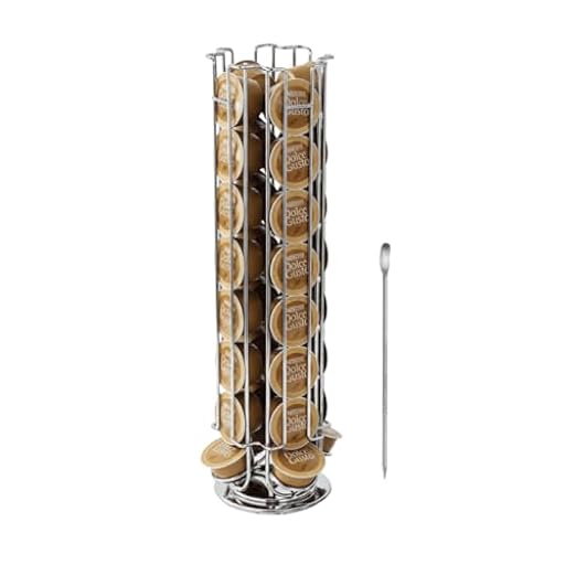 EMEJEY® Organizador de Cápsulas de Café Compatible con Dolce Gusto – 32 Cápsulas – Soporte Giratorio 360° – Acero Cromado Inoxidable con Base Antideslizante – Incluye Lápiz Decorador | Ya disponible en tu tienda friki favorita! En mundofriki.es!