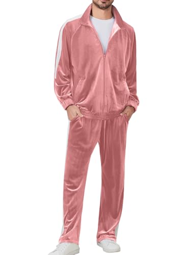 Ragelion Mens Tracksuit 2 Piece Velour Sweatsuit for Men Casual Full Zip Jogging Suit Jacket Pants Set (US, Alpha, X-Large, Regular, Regular, Pink)