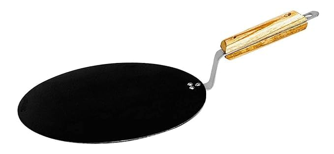 Yuktha Heavy Duty Flat Iron Tawa for Roti, Chapati, Paratha & Omelette with Wooden Handle Grip