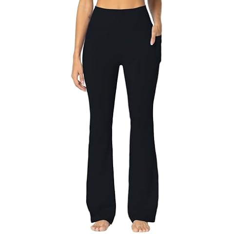 Sunzel Sunzfly Women's Mini Flare Leggings with Pockets High Waisted Tummy Control Yoga Pants Bootcut Workout Gym Casual 30" Black Medium Cover