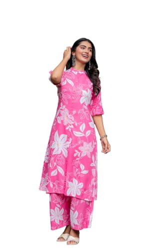 Image of Women's Floral Print Rayon Kurta Palazzo, Round Neck Half Sleeve, Regular Fit, Ethnic Casual Wear
