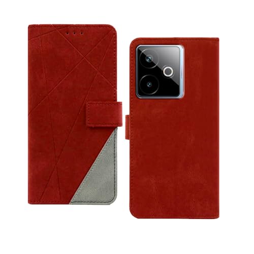 Image of amazon basics Realme GT 7T 5G Flip Cover | Card Pockets Wallet & Stand | Flip Cover for Realme GT 7T 5G (Red with Grey)