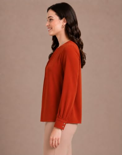 Image of Mirana Women's Full Sleeve Solid Top | Round Neck Pleated Front Regular Fit Office Casual Blouse with Button Cuffs