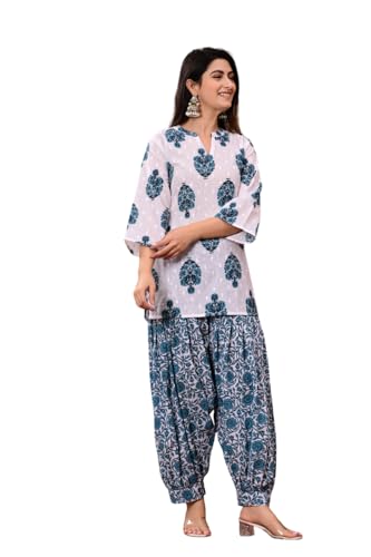 Image of Women's Cotton Floral Print Kurta Patiala Pant Set, White and Purple Traditional Indian Ethnic Wear with Damask Pattern