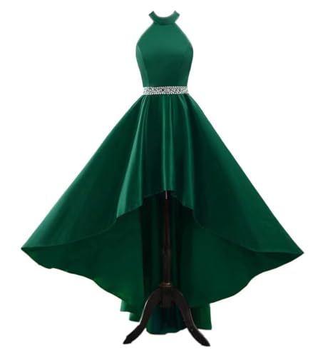 Satin Halter Prom Dresses for Women High Low Beaded Ball Gowns A-Line Formal Dress Wedding Party Gown with Pockets