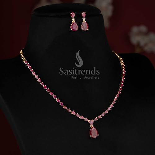 Image of Sasitrends Micro Gold Plated American Diamond Ruby stone Studded Necklace Jewellery Set