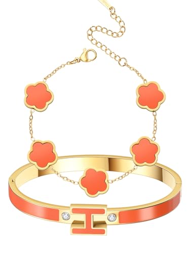 fekang H Bangle & Clover Bracelet for Women - Stainless Steel Fashion Jewelry - Gold H Bangle and Lucky Five Leaf Clover Bracelet - Elegant Bracelets Set - Gift for Women (Gold-Orange Set)