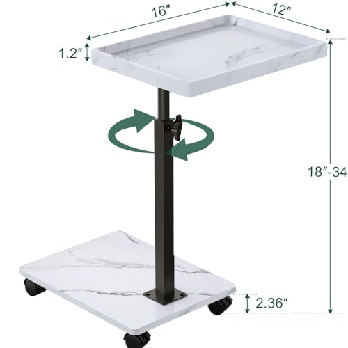 Image of XNSDXV C Shaped Side Table Adjustable Height, 360Swivel Bedside Table With Wheels, End Table for Small Spaces, Sofa Side Table For Living room, Bedroom, Bed,Couch (White Marble Color)