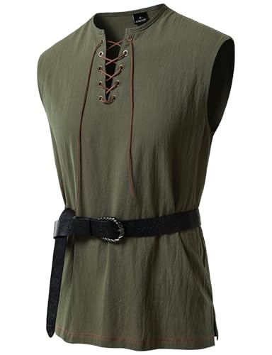 JEMITOP Mens Retro Pure Cotton V-Neck Sleeveless Shirt Renaissance Pirate Medieval Tunic Viking Knight Cosplay Costume Army Green L