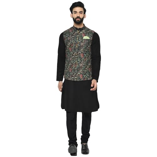 Image of KISAH Men Printed Kurta Jacket Set, Full Sleaves, Knee Length, Straight, Regular Fit, Mandarin Collar Ethnic Wear