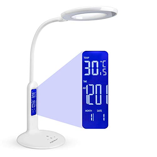 Aigostar Flexo 10KZP - Lámpara de escritorio LED 7W, Pantalla LCD con calendario, temperatura, alarma. táctil, 360lm. 5 Niveles de intensidad, 2 modos de iluminación luz blanca y cálida. Color blanco