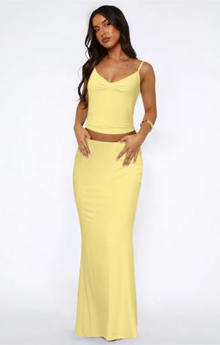 Two Piece Skirt Set for Women - Sexy 2 Pc Sleeveless Spaghetti Strap Pleated Tank Top Maxi Long Skirts Sets2