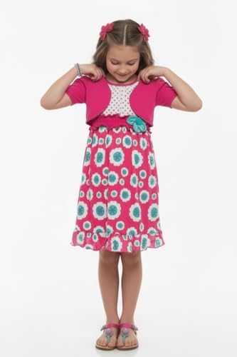 Image of ToBeInStyle Girls Two Piece Short Sleeve Dress and Matching Bolero Crop Cardigan Assorted Prints Cotton Blend Summer Outfit
