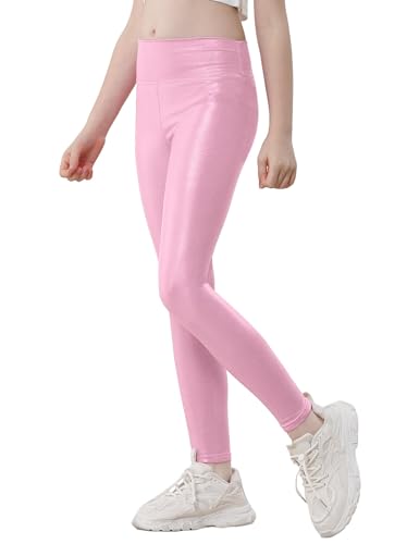 Girls Shiny Leggings Size 12-13 Years Old Metallic Pink Athletic Workout Dance Compression Tight Pants