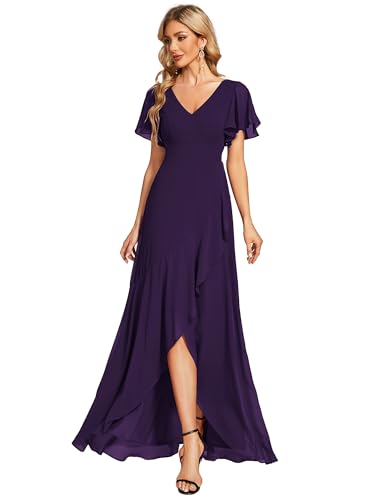 Ever-Pretty Robe de Soirée Longue Col V Manches Courtes Robe Ceremonie Femme Violet Foncé 38