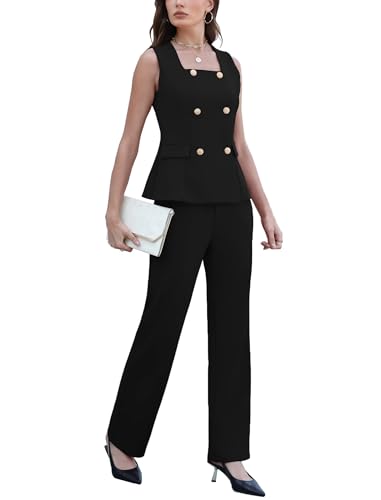 2 Piece Sets for Women Summer Fashion Button Scoop Neck Crop Vest Blazer Wide Leg Pants Suit Vacation Travel Black M