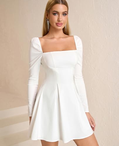 Women Long Sleeve Fall Mini Dress Bow Tie Party Cocktail Wedding Guest Square Neck Short Dresses3