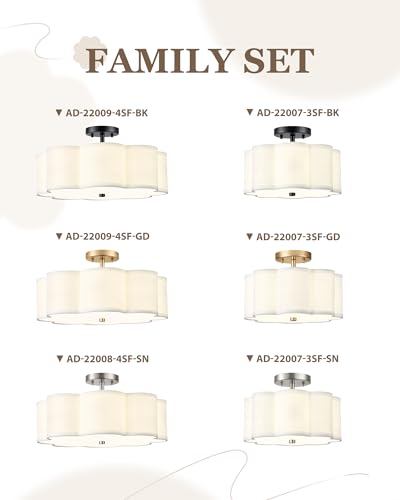 Image of Black Semi Flush Mount Ceiling Lights, 4-Light 18 inch Ceiling Light Fixtures with Fabric Shade in Flower Shape, Farmhouse Drum Lighting for Nursery Bedroom Kitchen, AD-22009-4SF-BK