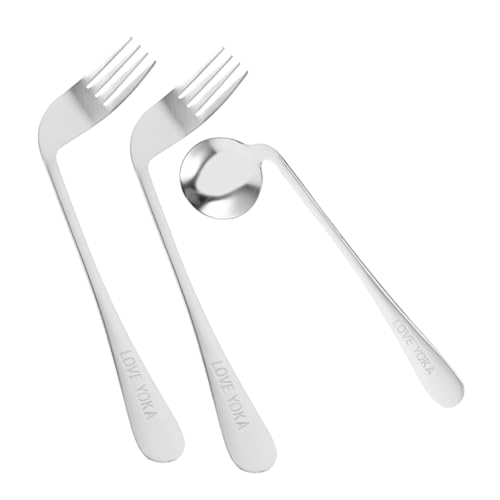 DECOMELODY 斜め設計ステンレス介護用カトラリー 高齢者向け滑り止めハンドル付き曲がるスプーンとフォーク 食事補助用耐久性ツール