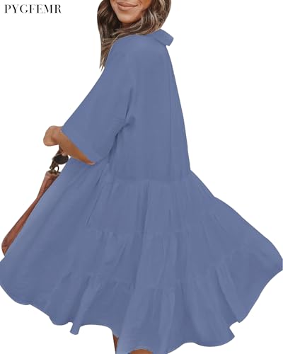 Image of PYGFEMR Women's Short Sleeve Babydoll Dress Button Down Dresses with Pockets