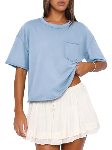 Image of ATHMILE Womens Crop Tops Workout Shirts Gym Oversized Spring Summer Basic Tees Short Sleeve Casual Loose Drop Shoulder 2026