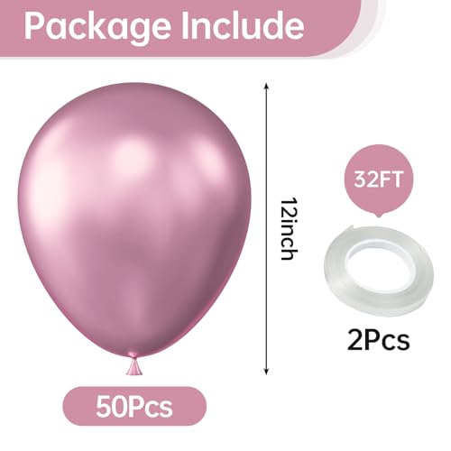 Image of KALOR 12 Inch Metallic PInk Balloons, 50 Pcs Latex Helium Metallic Balloons for Kid's Birthday Party, Baby Shower, Wedding, Graduate Party Decorations
