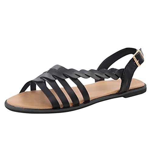 ZTFYKLIN Sandalias Elegantes Para Mujer Zapatos Cruzados Planos Mujer, Informales Al Tobillo, Romanas Acolchadas Con Hebilla, Correa Doradas (Black, 38) Women Sandals Summer Deportivas De Verano