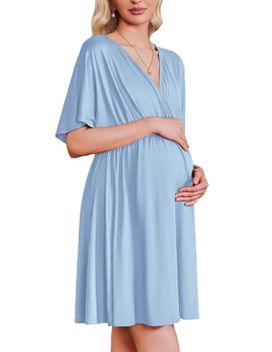 Image of Ekouaer 3 in 1 Labor and Delivery Gown for Hospital Short Sleeve Maternity Nursing Dress Nightgown Postpartum Sleepwear