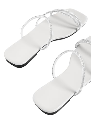 Image of GORGLITTER Women's Rhinestone Wedding Flat Sandals Sparkly Strappy Glitter Dressy Slip on Bling Bridal Prom Cute Slide Shoes