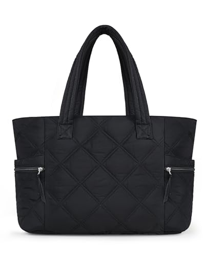 Prite Quilted Tote Bag for Women, Lightweight Puffer Tote with Zipper, Travel Work Nurse Gym Bag(Black)