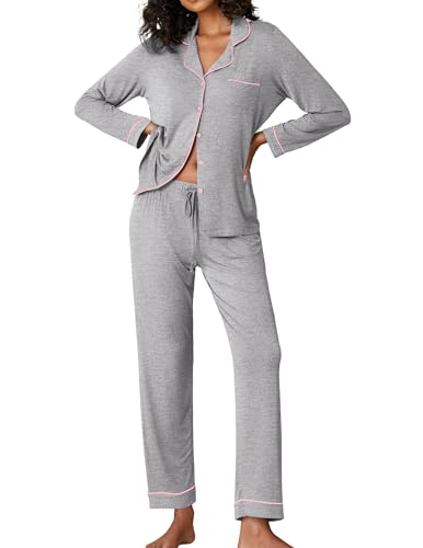 Image of Ekouaer Pajamas Women's Long Sleeve Sleepwear Soft Button Down Loungewear Pjs Lounge Set Nightwear XS-XXL