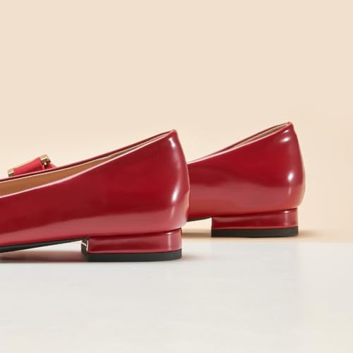 C.Paravano Women's Ballet Flats with Round Toe | Bow & Metallic Buckle | Soft Leather Slip-Ons for Work Commute, Office & Date Nights | Dress Shoes for All-Day Wear(8,Red)3