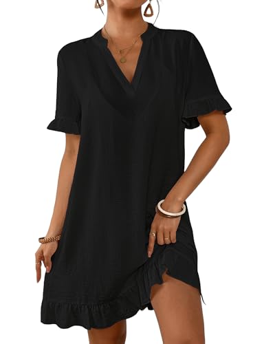 Bsubseach Womens Swimsuit Cover Up Shirt Ruffle Short Sleeve Bathing Suit Coverups V Neck Flowy Ruffled Beach Bikini Dress